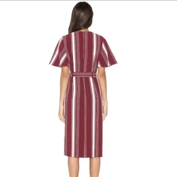 LOVERS + FRIENDS Burgundy Striped Midi Flutter Short Sleeve Wrap Dress Size M - Picture 2 of 8
